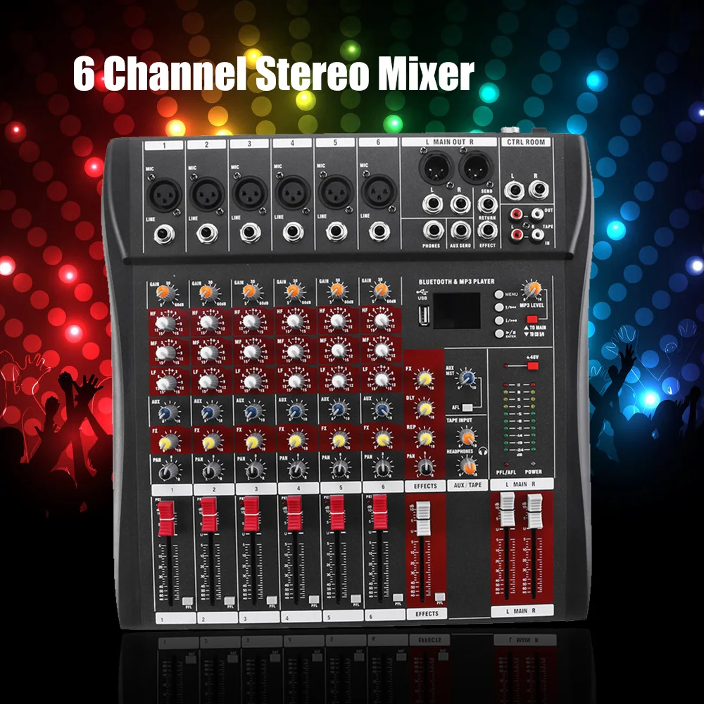 

6 Channel Professional Live Mixing Studio Audio Sound Console 48V USB Mixer Console Network Anchor Sound Card
