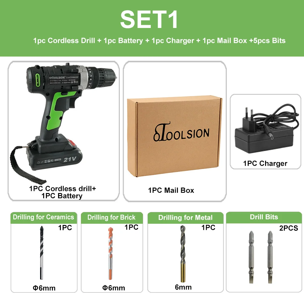 SET1 (1 pc battery) 21 в Аккумуляторная дрель, электрическая отвертка, набор электроинструментов, шуруповерт, электрическая дрель, аккумуляторная электрическая дрель, отвертка электроинструмента - Цвет: SET1 (1 pc battery)