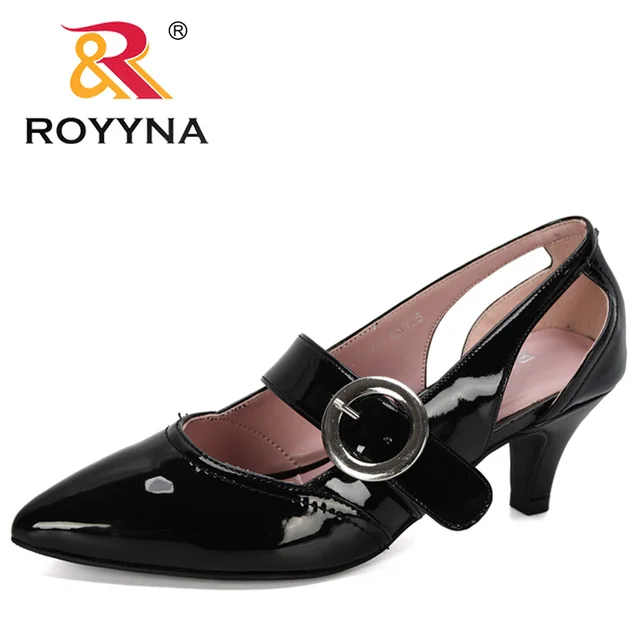 ROYYNA 2019 New Designers Oxford Casual Classic Shoes Women Pointed Toe Smooth Bright Dress Shoes Ladies Buckle Patent Pumps Black