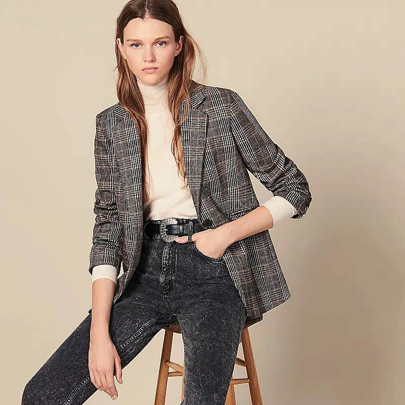 

2019 Law Single S Home One Grain Buckle England Check Pattern Splicing Small Suit Wool Blended Coat