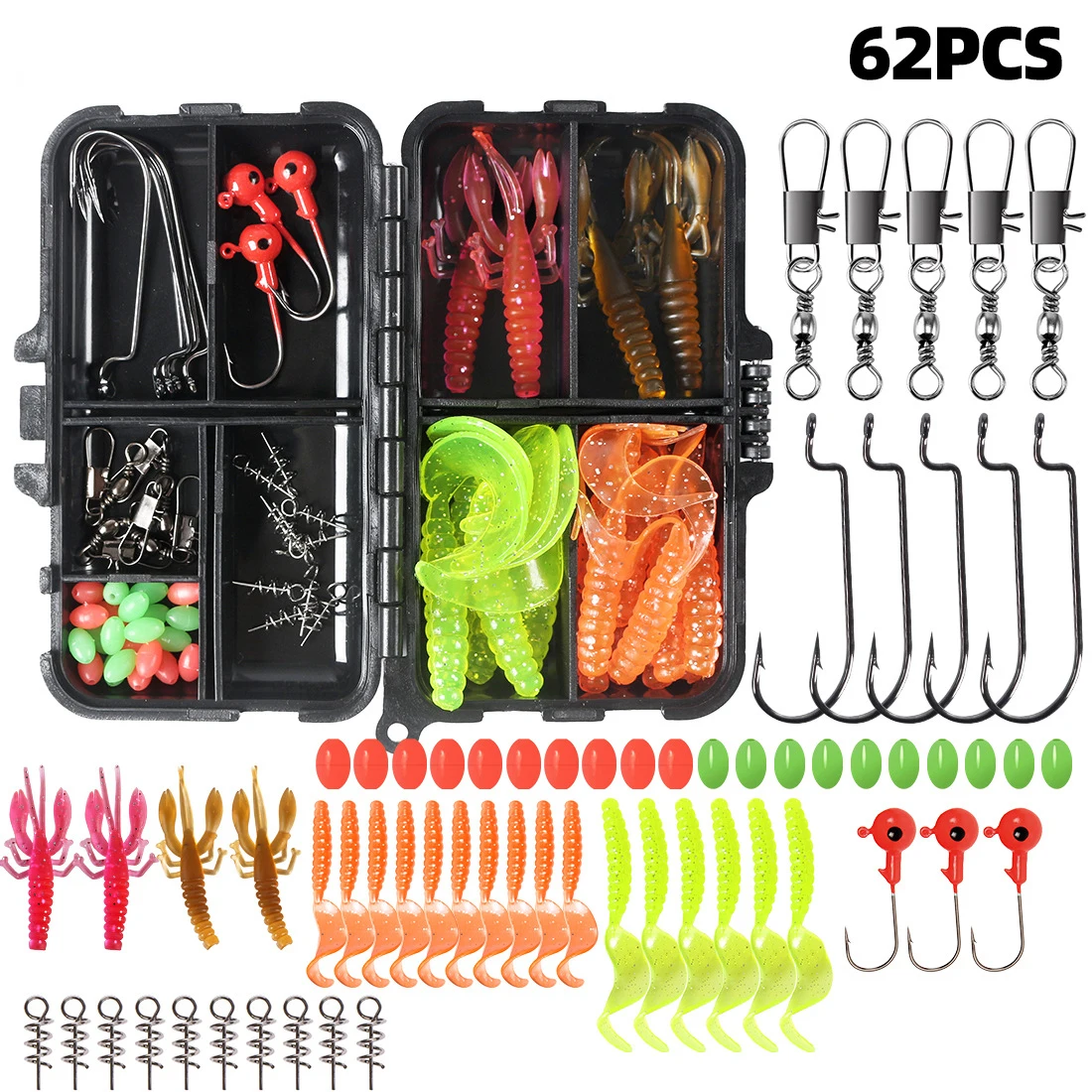 

62 Pieces Fishing Gadget Set Soft Bait Artificial Shrimp Bead Lure Sea Fishing Rock Fishing Bait Screw Straight Handle Hook Gear