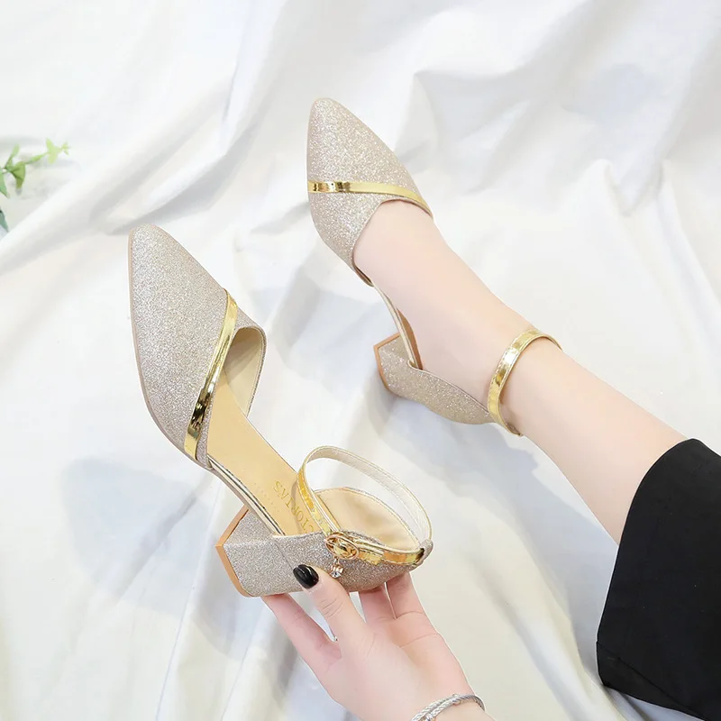 

2019 New Style Summer Sandals Pointed Toe Chunky Heel WOMEN'S Sandals Korean-style Casual Semi-high Heeled Sequin Low-Cut Sandal