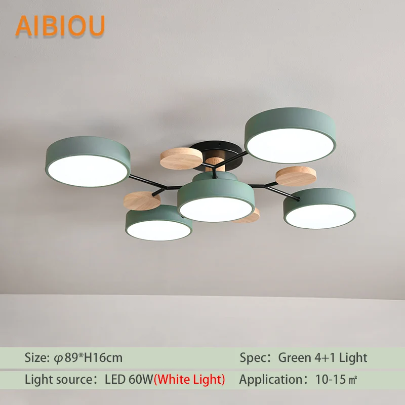 AIBIOU современный 220 В светодиодный потолочный светильник с круглыми металлическими абажурами для гостиной, скандинавские деревянные потолочные светильники для спальни - Цвет корпуса: Green 5-LED WHITE