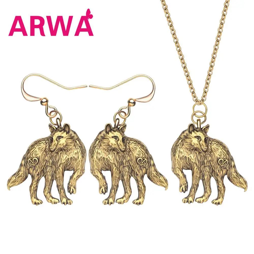 

ARWA Alloy Plated Antique Gold Wild Wolf Jewelry Sets Mental Animal Earrings Necklace For Lady Girl Charm Gift 2019 New Hot Sale