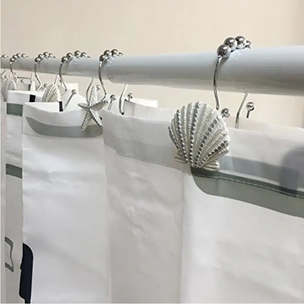 12PCS Stainless Steel Shower Curtain Double Hook White Starfish Shell Shape Mixed Resin Double Hook For Bathroom Curtain