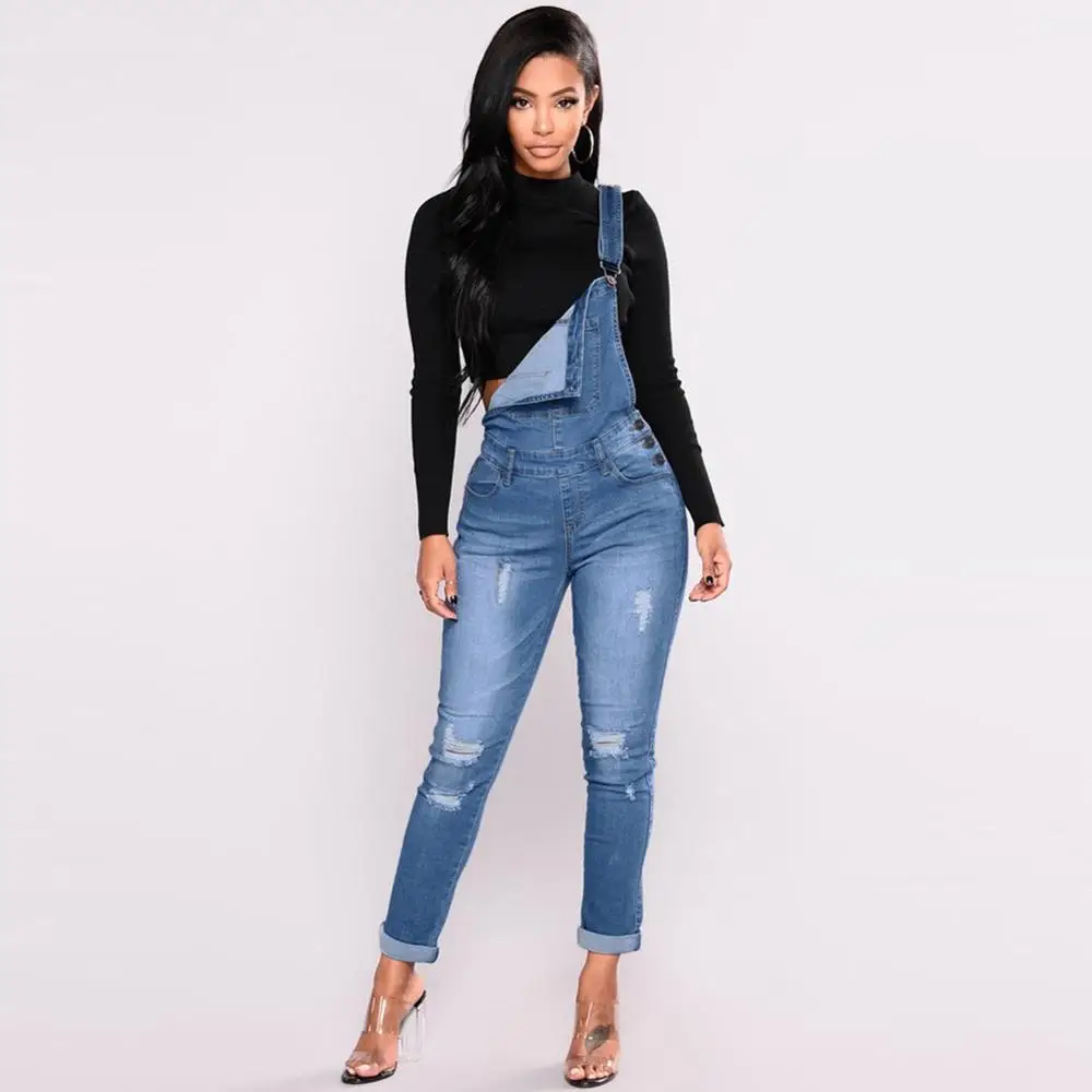 Denim Jumpsuit Overalls Dungarees Romper Ladies Plus-Size Women XXXL Stretch Ripped Slim