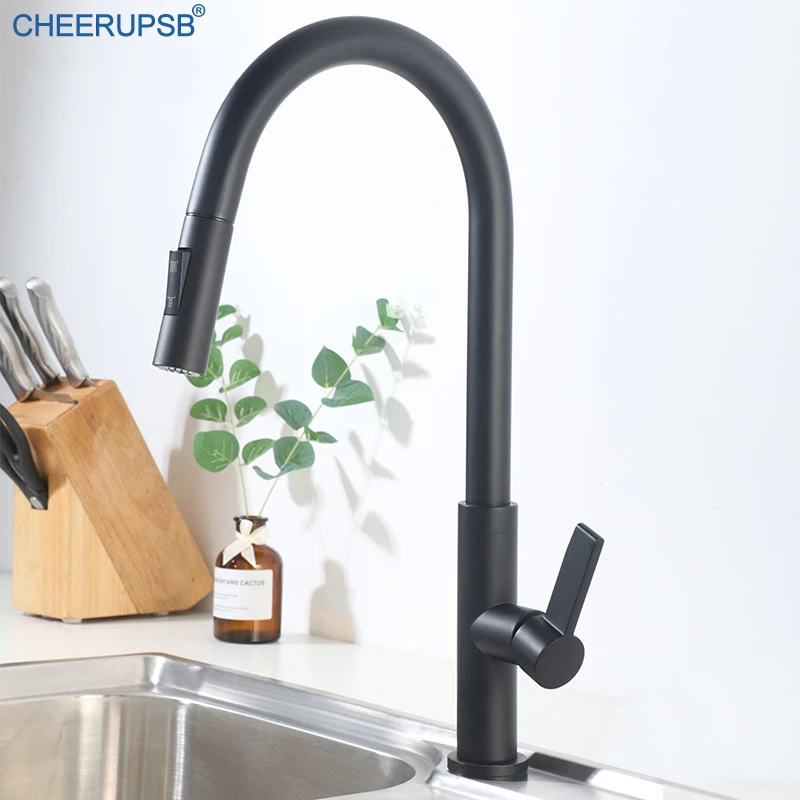Black Kitchen Pull Down Faucets Stream Deck Mount Flexible Tap Hot Cold Water Sink Mixer Crane