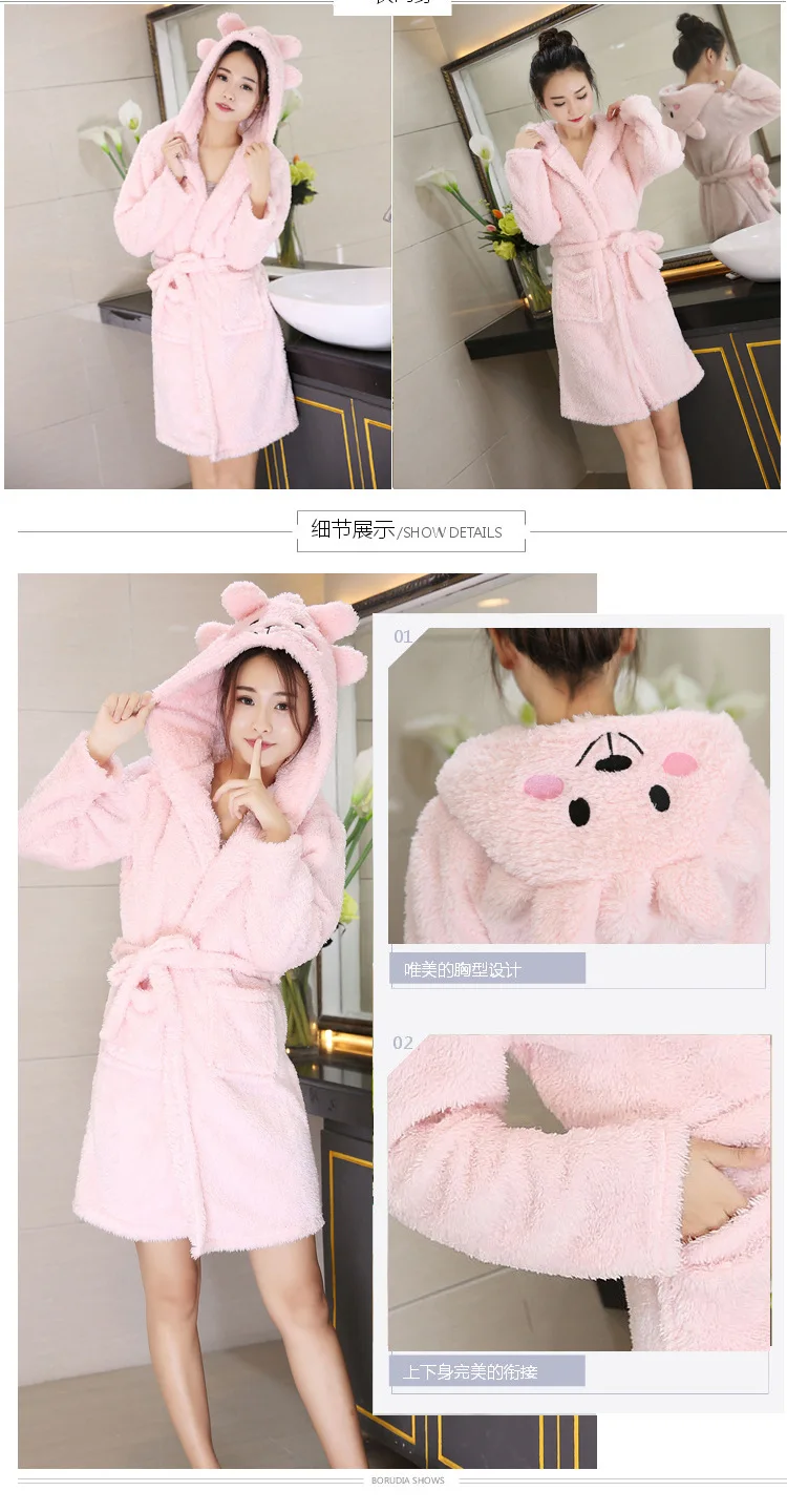 Autumn/winter Korean version of lamb plush warm coral plush pajamas cute cartoon plush hooded nightgown