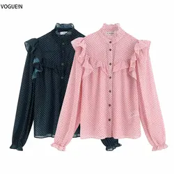 VOGUEIN новые женские в горошек гофрированные прозрачный длинный рукав черный/розовый Блуза Топ рубашка оптовая продажа