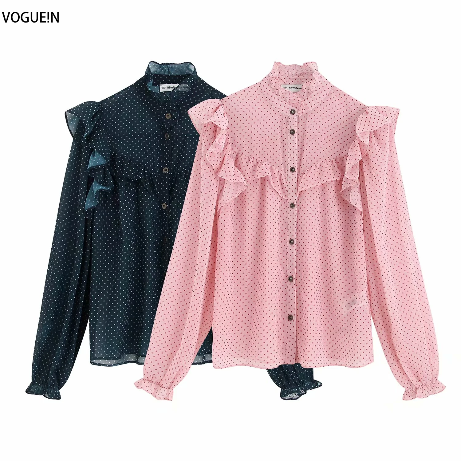 

VOGUEIN New Womens Polka Dot Ruffled Transparent Long Sleeve Black/Pink Blouse Top Shirt Wholesale