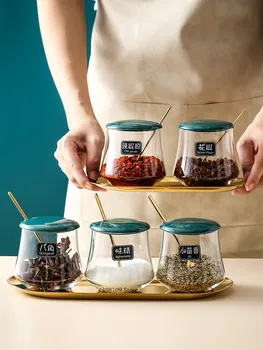 

Scandinavian glass bottle， sugar bowl， seasoning box set, creative ceramic lid household MSG salt shaker， kitchen storage bottle
