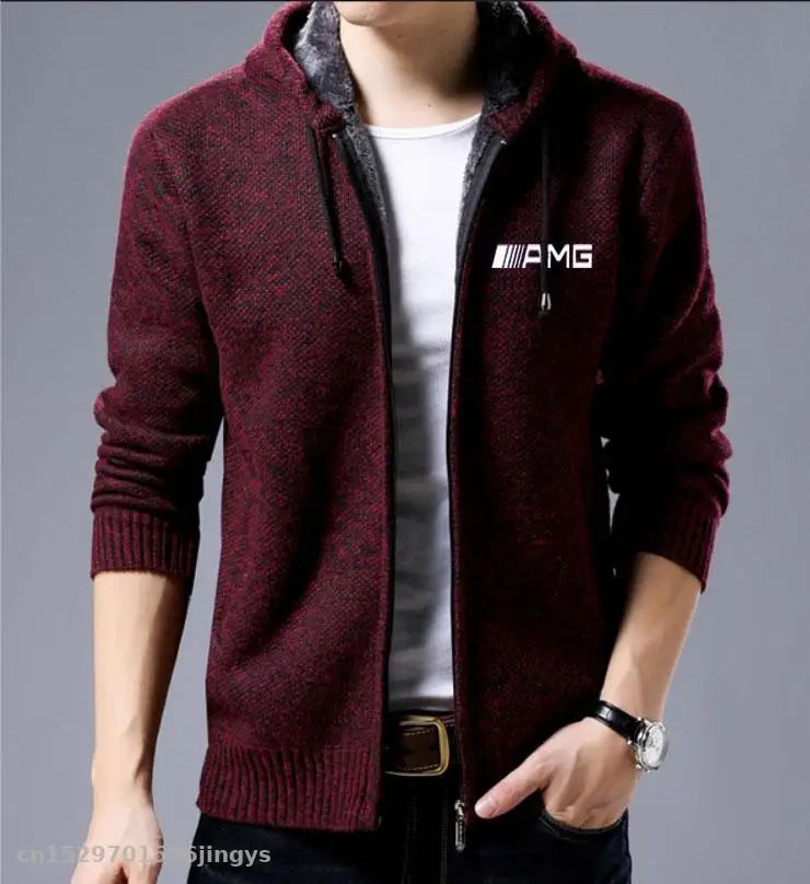 2020 Zipper Jackets Men for AMG logo Casual Fleece Coats  Fashion Slim Fit Hooded Thick Warm Jacket