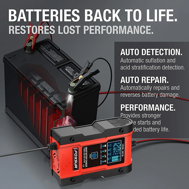 Truck Battery Charger Heavy Duty , FOXSUR 12V 6A 24V 3A Car Smart Battery Charger Fast Charge AGM LiFePO4 Lead-Acid Battery