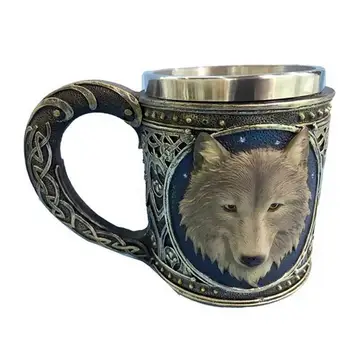 

3D Wolf Mug Cartoon Animal Lone Wolf King Drinking Cup Retro Resin Stainless Steel Lining Tea Beer Coffee Mug Gift