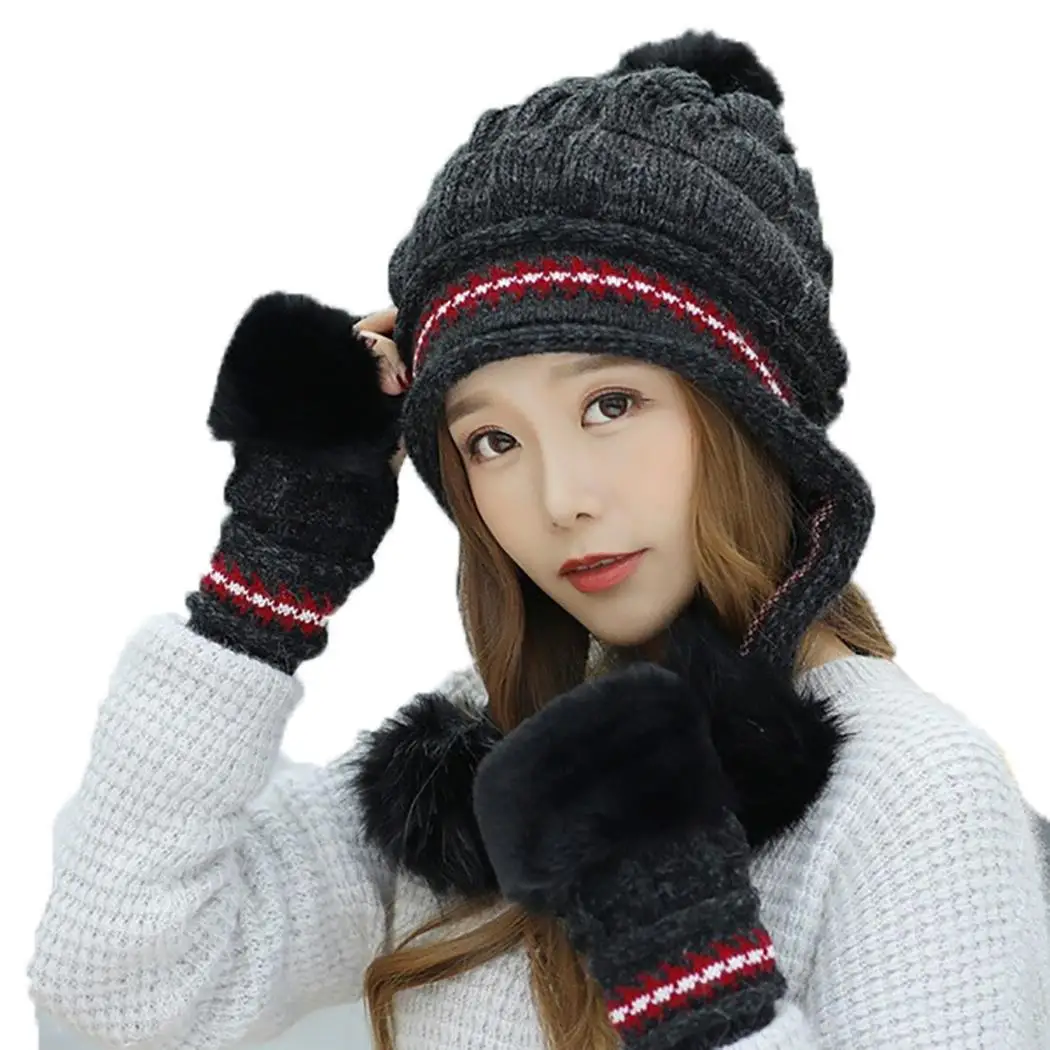 Унисекс Мода Твердые Мягкие Зимние теплые Hairball Beanie Hat держать из двух частей Открытый половина пальца перчатки набор