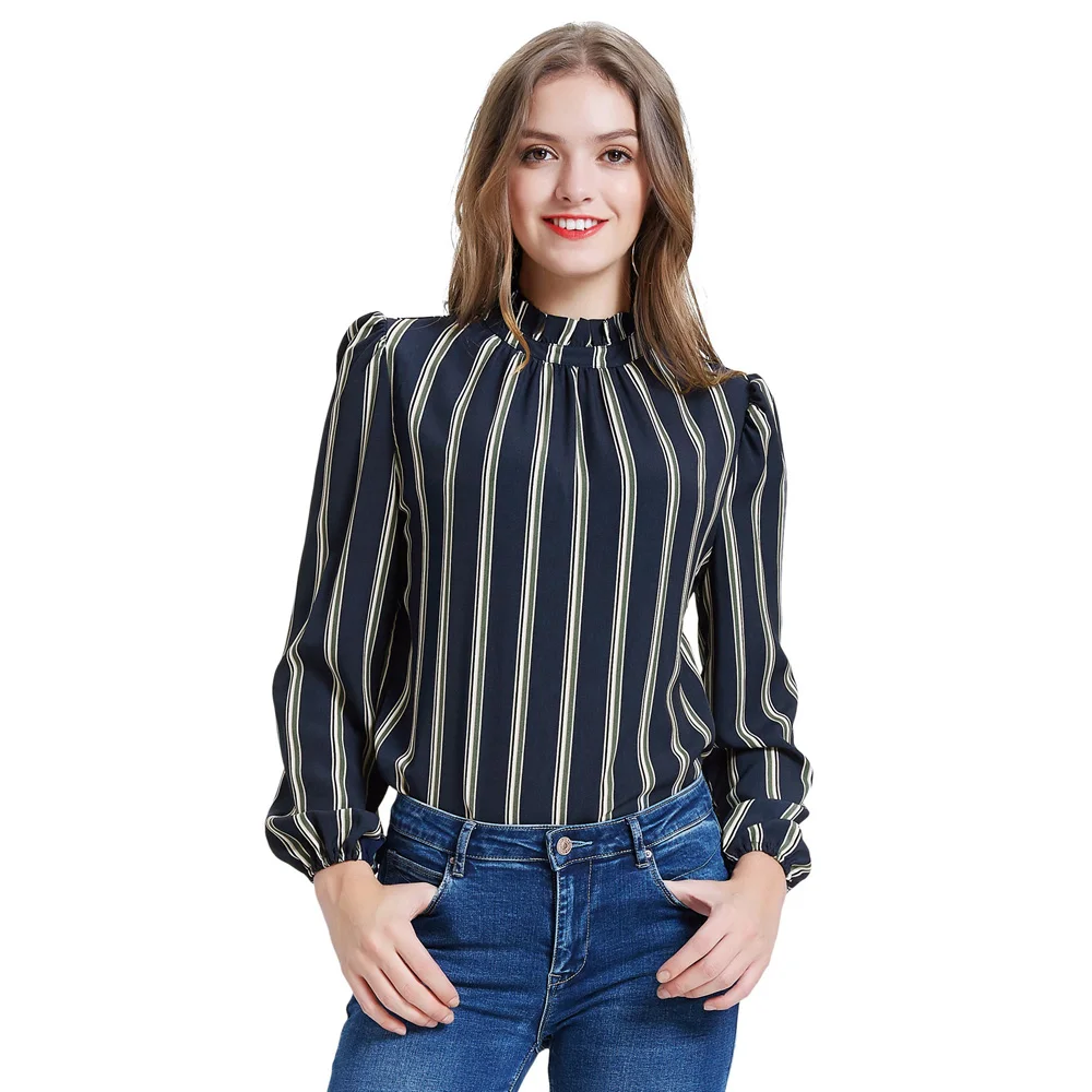 

Women vintage blouse Fall clothes Casual Tops Stripe Pattern Long Sleeve Ruffled Stand Collar retro elegant party shirt female