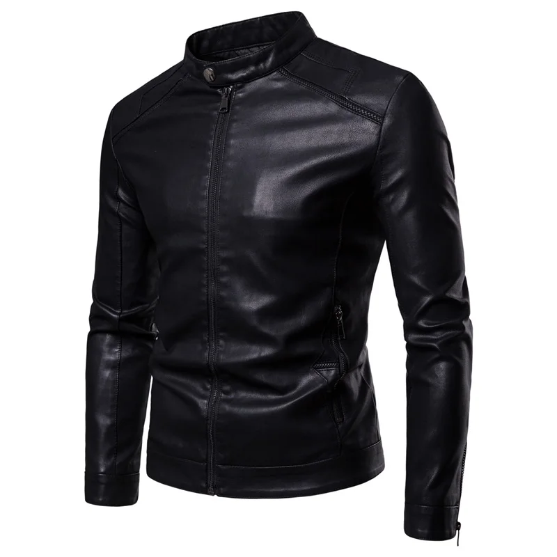 

2020 New Plus-size Men's Stand-up Collar PU Leather Jacket Slim Zipper Pocket Motorcycle Men's Leather Jacket