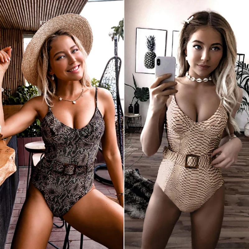 One-Piece Swimsuit Ladies Sexy Snake Print Belt Buckle Adjustment Bikini |