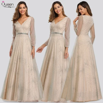 

Sparkle Evening Dresses Long Grey A Line V Neck Tulle Sleeve Elegant Special Occasion Dress Formal Lange Jurken 2020