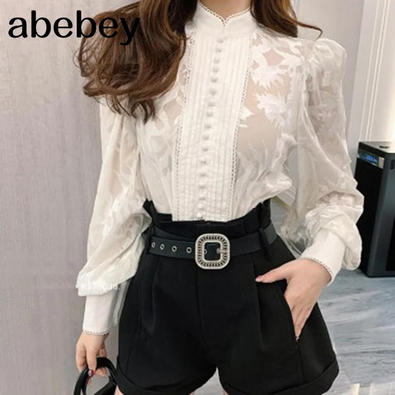 Korean Shirts For Women Stand Collar Puff Long Sleeve Patchwork Buttons Designer Oversized Loose Blouses Female 2021 New