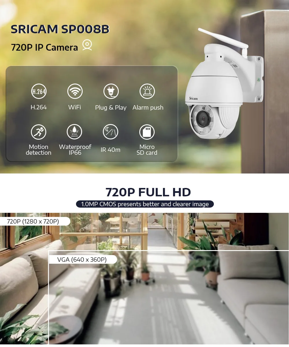 Sricam SP008B 720P Wi-Fi ip-камера беспроводная наружная охранная CCTV удаленный мониторинг и сигнализация Водонепроницаемая камера