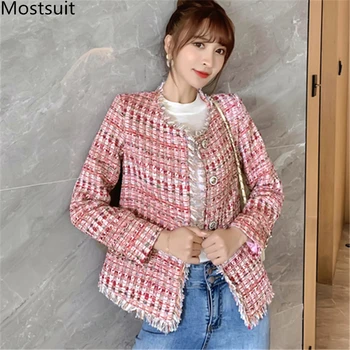 

Autumn Winter Tweed Vintage Women Ladies Blazers Jackets Long Sleeve O-neck Buttons Elegant Fashion Korean Coats High Quality