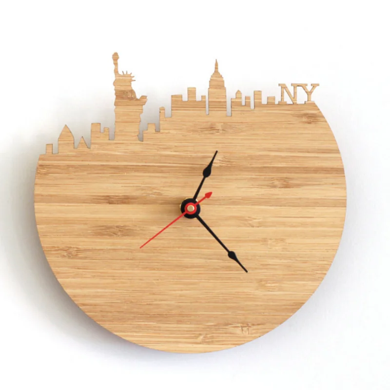 

Natural Bamboo New York Wall Clock Skyline Design Bamboo Wall Watch Memorial Photography Decoration Clock Modern City Clock