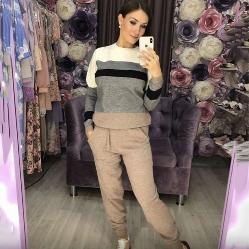 

Autumn and winter fashion casual women's knit sweater pants suit knit sportswear color strip stitching wool knit suit