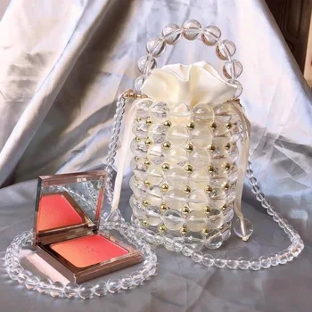 

Luxury Big Pearl Bucket Bag Women Chic Handmade Clear Beading Evening Clutch Purses And Handbags Ladies Messenger Bags Dinner