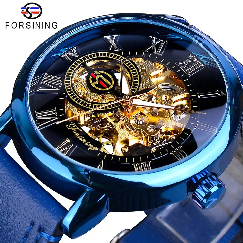 

Forsining New Arrival Blue Men Mechanical Watch Slim Dial Hand Winding Genuine Leather Sports Wristwatch Clock Relogio Masculino