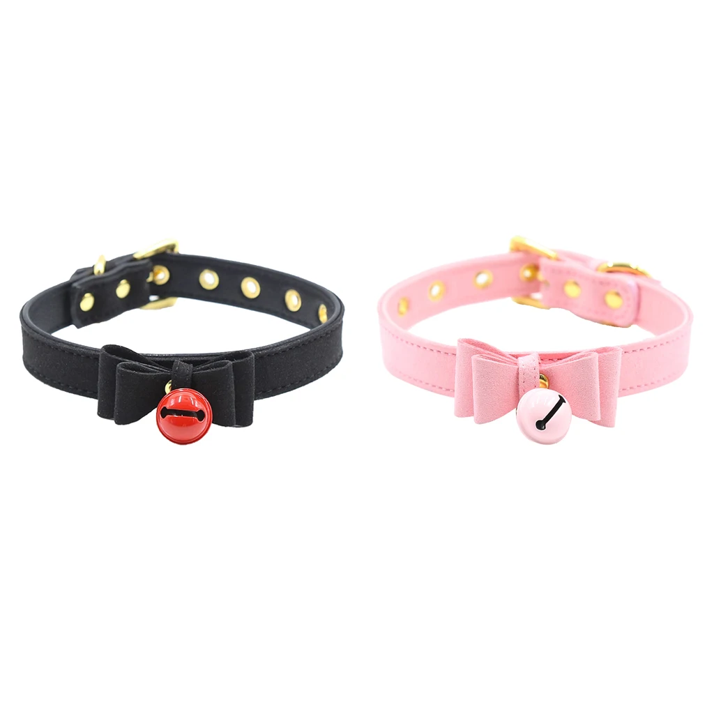 PU Leather Bow Collar Necklace Choker with Bell Cosplay Kitty Necklace Pink