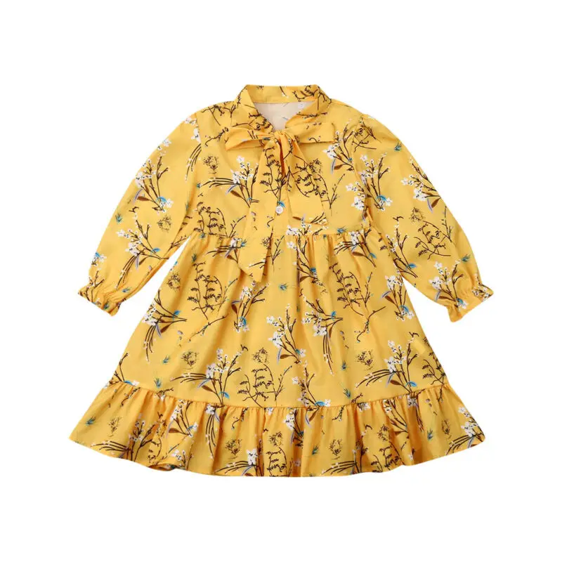 Pudcoco/ г. Осеннее детское платье с длинными рукавами и цветочным принтом для девочек, платье в стиле бохо праздничное желтое осеннее платье