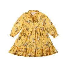 Pudcoco/ г. Осеннее детское платье с длинными рукавами и цветочным принтом для девочек, платье в стиле бохо праздничное желтое осеннее платье