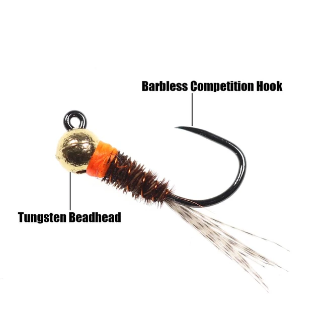 Bimoo 6pcs Tungsten Bead Jig Head Perdigon Nymphs Orange Collar Pheasant  Tail Fly Euro Nymph Trout