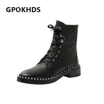 

GPOKHDS 2021 women Ankle boots Cow leather Winter short plush Round Toe Lace-Up Platform Med heels female Riding boots size 39