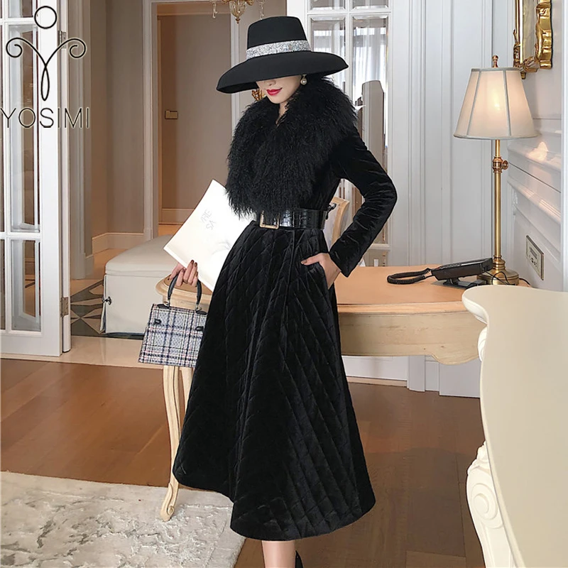 

YOSIMI 2020 Winter Black Parkas Warm Women Coat with Lamb Fur Collar Sashes Black Skirt Cotton Clothing Coats and Jackets Women