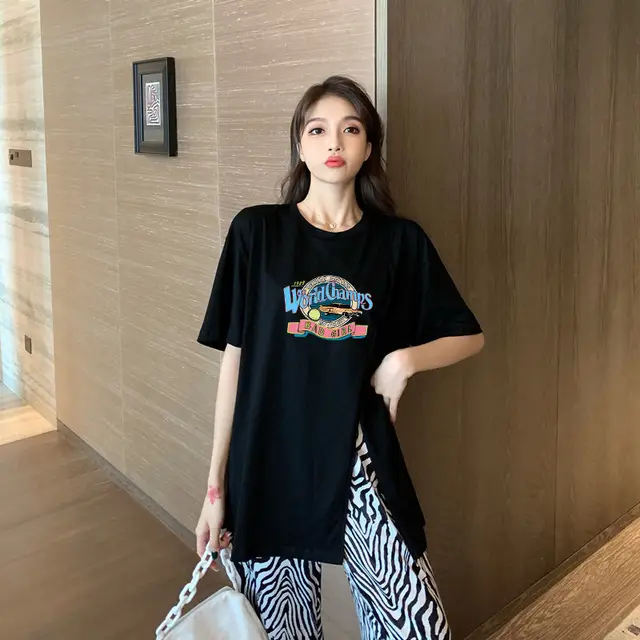 Women S Summer New Suit Female Korean Version Loose Letter Printing Split Half Sleeved T Shirt Striped Wide Leg Pants Two Piece T Shirts Aliexpress