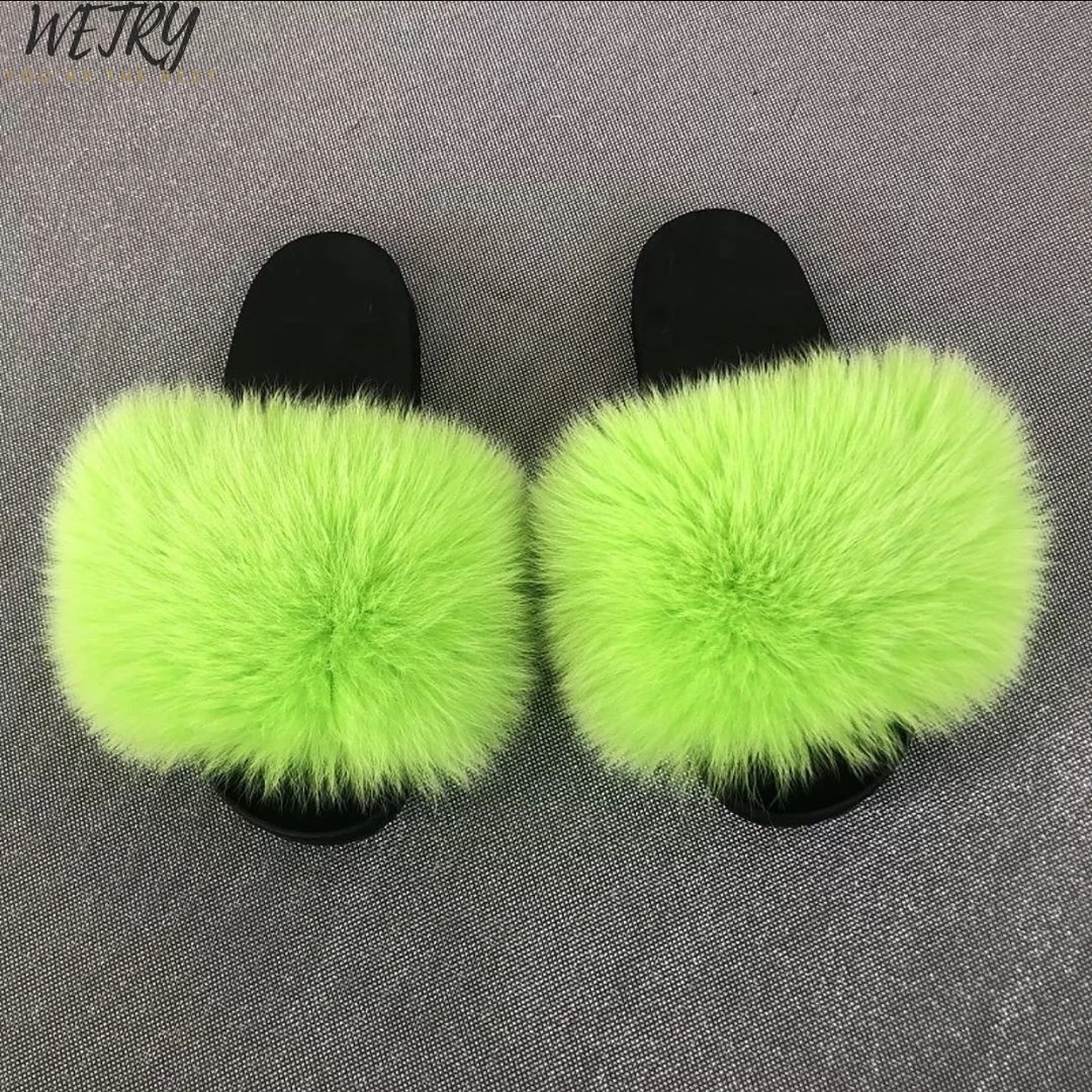 fox fur slippers Тапочки с натуральным мехом; женские домашние пушистые шлепанцы с мехом лисы; Летняя обувь на плоской подошве; Милая женская обувь; большой размер 45; домашняя обувь; Pantufas - Цвет: fox fur slippers