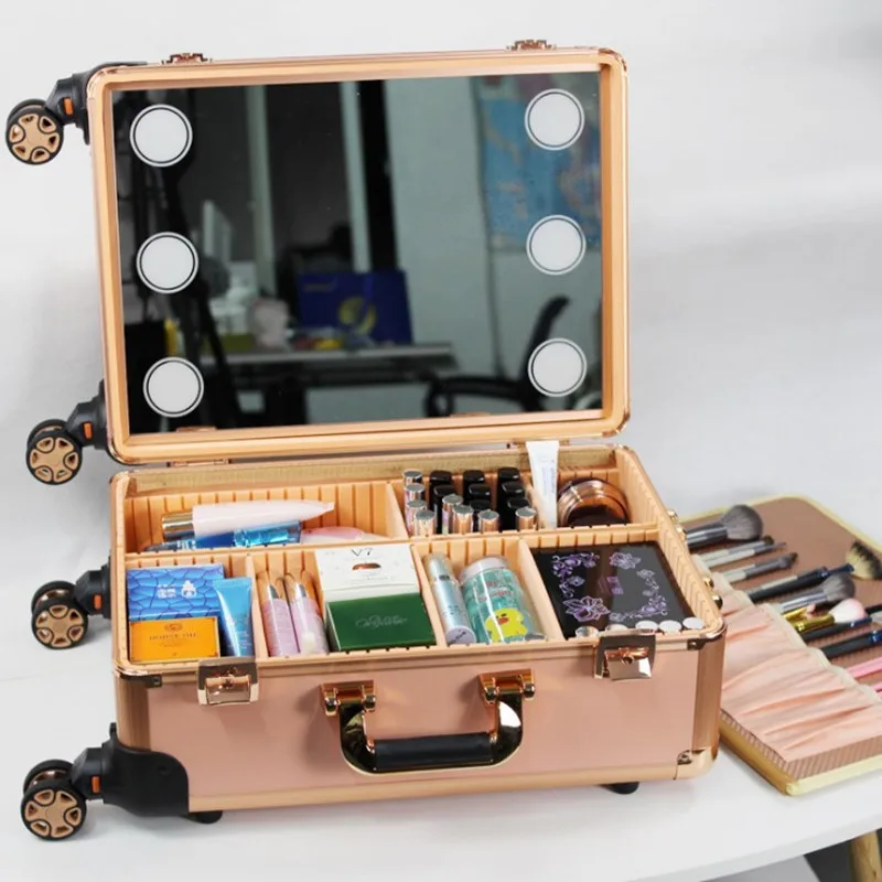 Large professional makeup artist beauty trolley cosmetic case multi functional tattoo storage tool with light suitcase toolbox