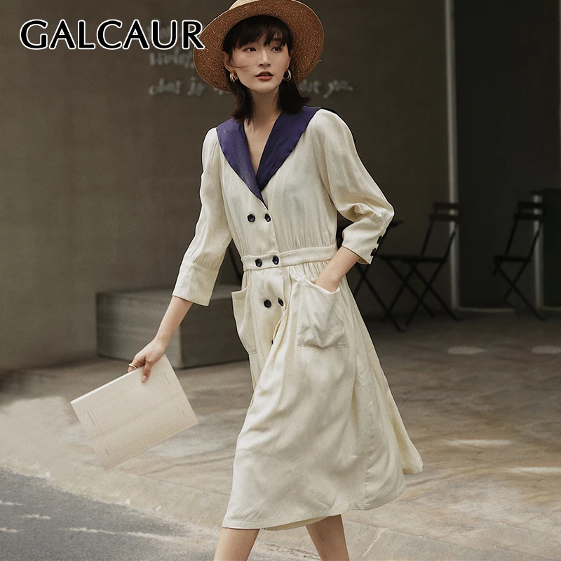 

GALCAUR Casual White Dress For Women Sailor Collar High Waist Double Breasted Pocket Dresses Female 2019 Autumn Fashion New