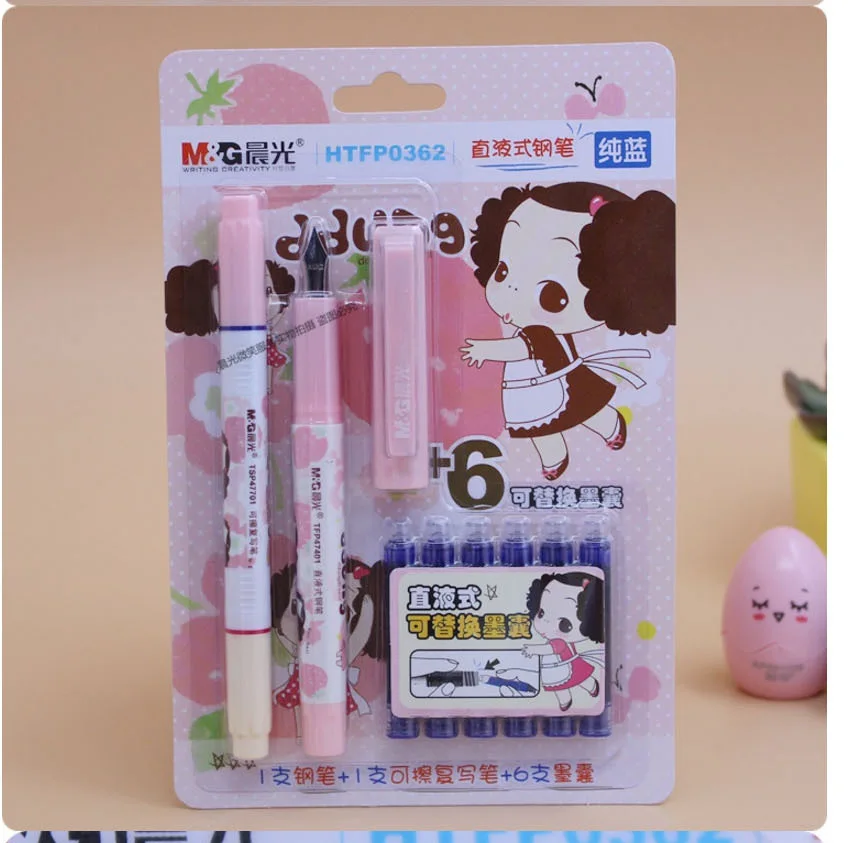 M&G Stationery Wipable Packaged Combination Fountain Pen Direct Liquid with Ink Sac Fountain Pen for Student HTFP0362 Pure Blue
