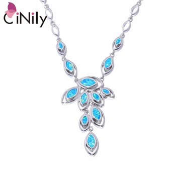 

CiNily Blue Fire Opal Stone Long Necklace Silver Plated Leaf Leaves Bohemia Boho Chain Summer Party Wedding Jewelry Women Female