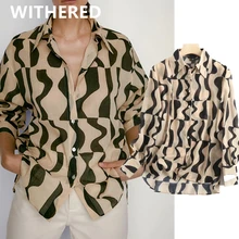 

Maxdutti england style office lady Geometric blouse women pattern printing elegant linen blusas mujer de moda 2021 loose shirt