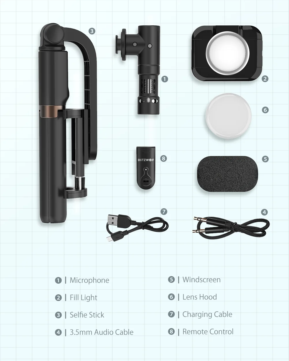 BlitzWolf BW-BS15 Tripod Selfie Stick with Fill Light & Microphone description image 5