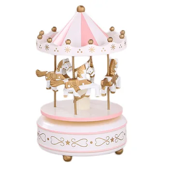 

Mechanical Music Box Vintage Musical Wooden Carousel 4 Horse Merry-Go-Round Wind-Up Christmas New Year Music Box Christmas Gift