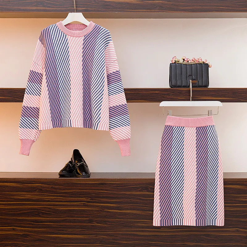 HAMALIEL женский зимний модный вязаный комплект из 2 предметов Модный Полосатый розовый вязаный толстый свободный свитер Топ+ облегающая юбка-карандаш комплект