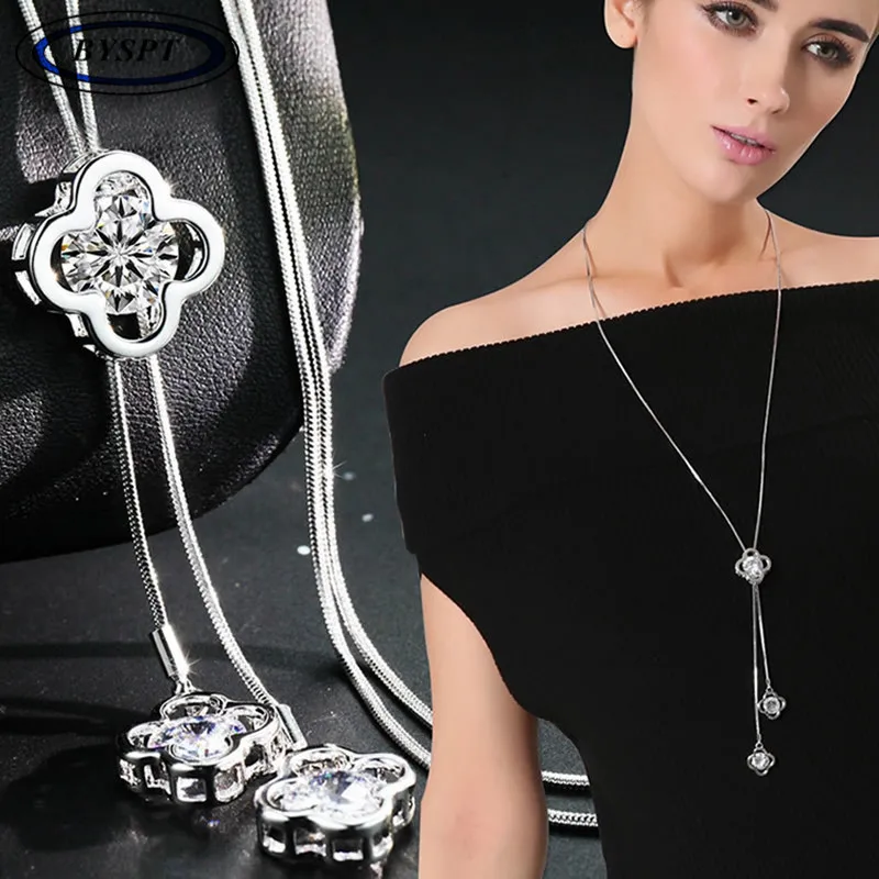 BYSPT женское ожерелье с подвеской s полые 4 листья кристалл пункт свитер цепь Кристалл длинное ожерелье кулон
