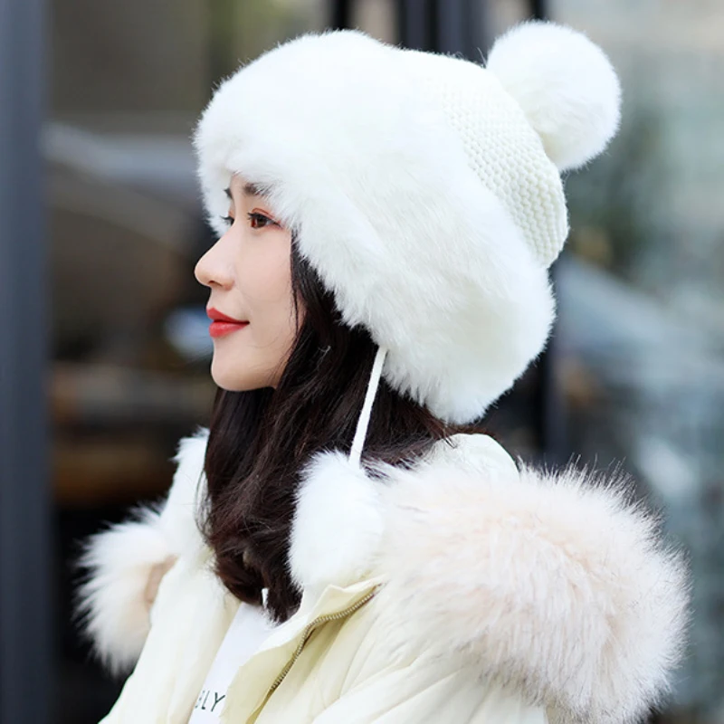 Beige with White Fur HT2854 меховая шапка, Толстая теплая вязаная зимняя шапка, женская Лыжная Шапка-ушанка, Женская Русская Шапка-ушанка, шапка охотника, русские шапки - Цвет: Beige with White Fur