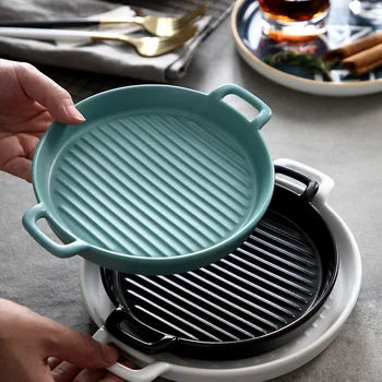 

Nordic Art Ceramic Oven Baking Dish with Handle Modern Minimalist Home Western Steak Dessert Sushi Snack Plate Kitchen Tableware