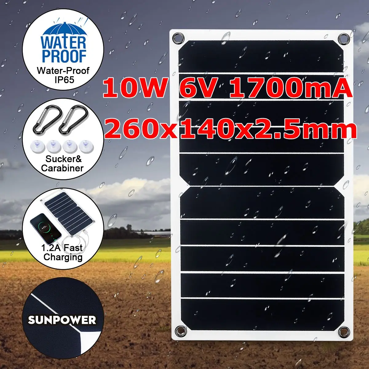 

10W 6V 1700mA Solar Panel Sunpower Solar Cells 260x140x2.5mm Slim & Light Support USB Charge for Outdoor Working